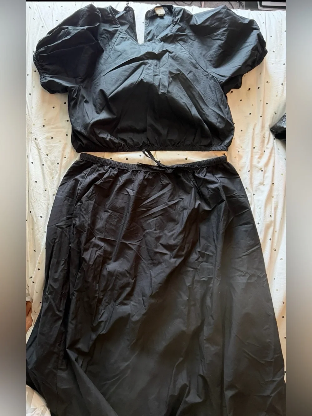Black Nylon Skirt Set With Drawstring & Elastic-Waist